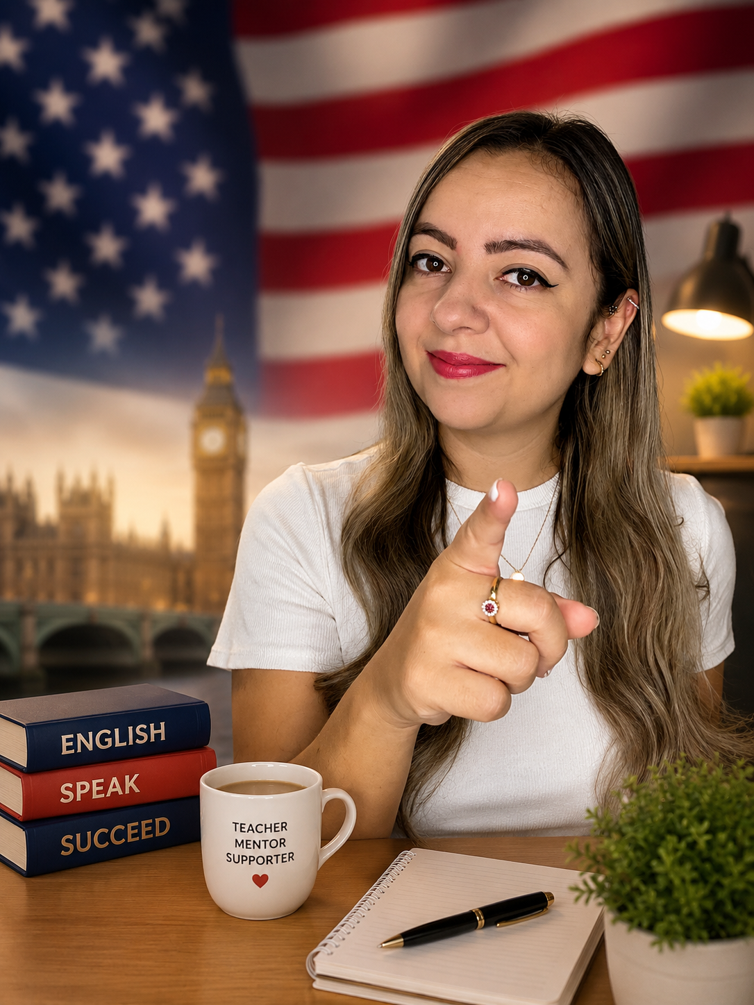 Teacher Kely convidando você a estudar inglês, com a bandeira dos EUA e o Big Ben ao fundo